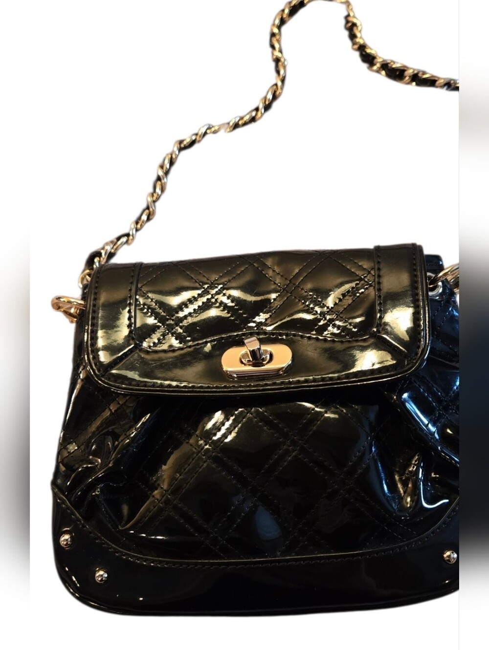 Loft Quilted Patent Leather Bag with Gold accents - Black
